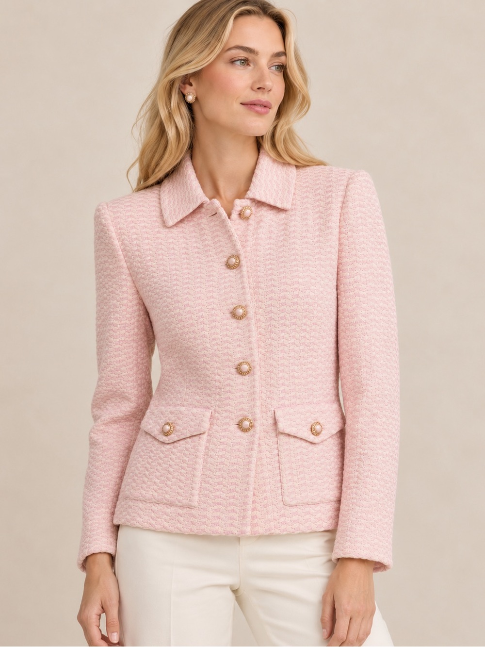 St. John Collection Blush Pink Textured Knit Jacket Gold Pearl Buttons Size 6